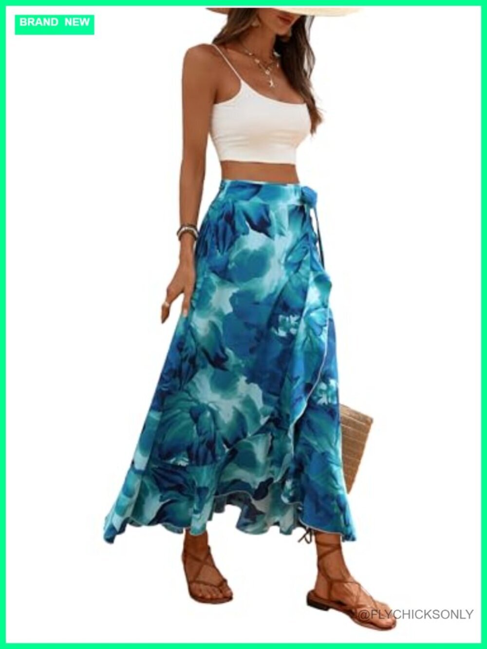 Boho Floral Wrap Maxi Skirt with Knotted Belt Asymmetric Hem Ruffle Split
